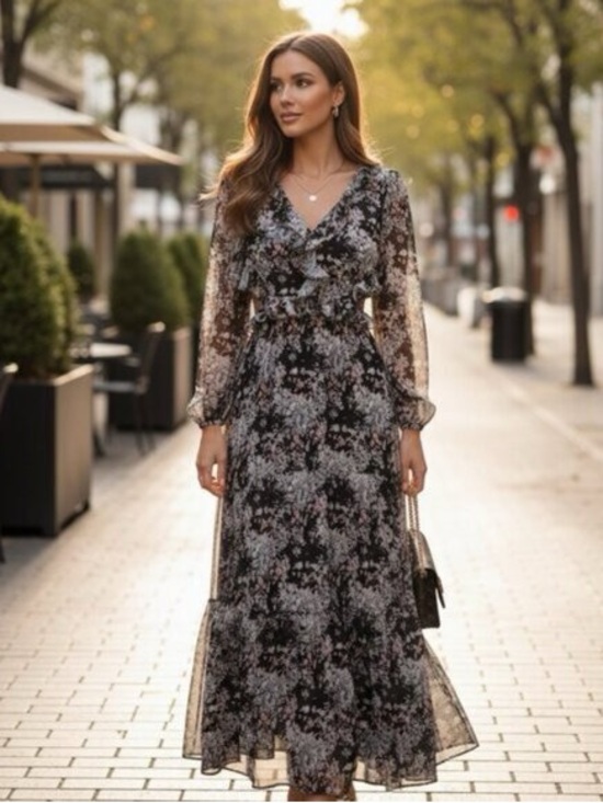 Astr Dresses & Skirts - Astr Black and Gray Floral Chiffon Maxi Dress